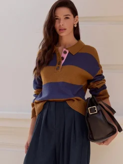 Next 100% Wool N.Premium Polo Jumper Camel Brown/Blue Stripe Hot