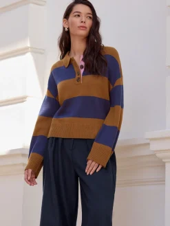 Next 100% Wool N.Premium Polo Jumper Camel Brown/Blue Stripe Hot