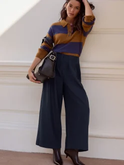 Next 100% Wool N.Premium Polo Jumper Camel Brown/Blue Stripe Hot