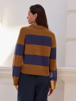 Next 100% Wool N.Premium Polo Jumper Camel Brown/Blue Stripe Hot