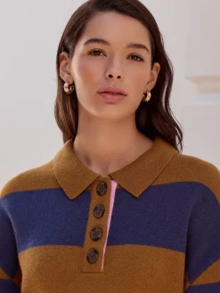 Next 100% Wool N.Premium Polo Jumper Camel Brown/Blue Stripe Hot