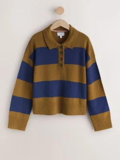 Next 100% Wool N.Premium Polo Jumper Camel Brown/Blue Stripe Hot