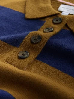 Next 100% Wool N.Premium Polo Jumper Camel Brown/Blue Stripe Hot
