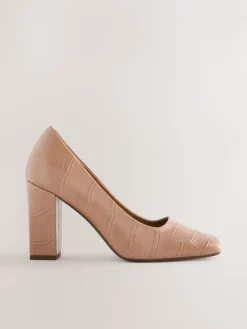 Next Forever Comfort® Square Toe Court Block Heels Camel Croc Effect