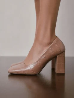 Next Forever Comfort® Square Toe Court Block Heels Camel Croc Effect