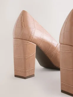 Next Forever Comfort® Square Toe Court Block Heels Camel Croc Effect