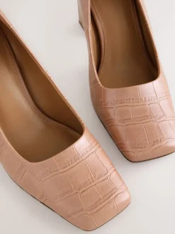 Next Forever Comfort® Square Toe Court Block Heels Camel Croc Effect