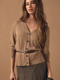 Next Camel Neppy Soft Touch V-Neck Cotton Rich Button Up Cardigan Best