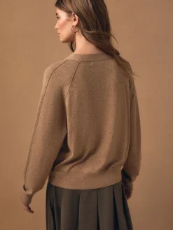 Next Camel Neppy Soft Touch V-Neck Cotton Rich Button Up Cardigan Best