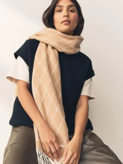 Next Premium Made in Italy Jacquard Monogram 100% Wool Midweight Scarf Camel Sale