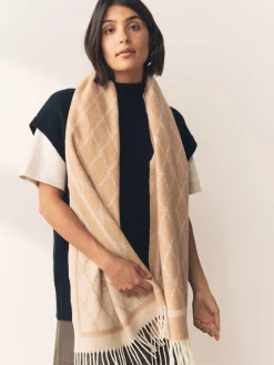 Next Premium Made in Italy Jacquard Monogram 100% Wool Midweight Scarf Camel Sale