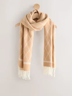 Next Premium Made in Italy Jacquard Monogram 100% Wool Midweight Scarf Camel Sale