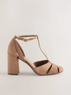 Next Camel Suede Leather Round Toe Cut Out T-Bar Block Heel Shoes Online