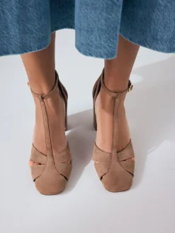 Next Camel Suede Leather Round Toe Cut Out T-Bar Block Heel Shoes Online