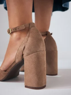 Next Camel Suede Leather Round Toe Cut Out T-Bar Block Heel Shoes Online