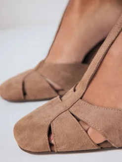 Next Camel Suede Leather Round Toe Cut Out T-Bar Block Heel Shoes Online