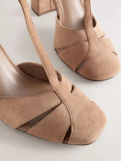 Next Camel Suede Leather Round Toe Cut Out T-Bar Block Heel Shoes Online