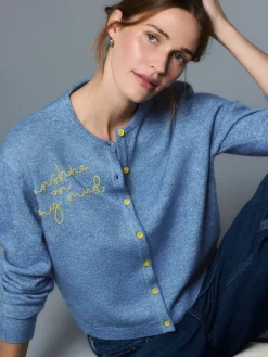 Next Chambray Blue Embellished Crew Neck Knitted Cardigan With Wool Best