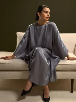 Next Kaftan Shimmer Maxi Dress Charcoal Blue New