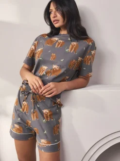 Next 100% Cotton Short Set Pyjamas Charcoal Grey Hamish The Highland Cow Outlet