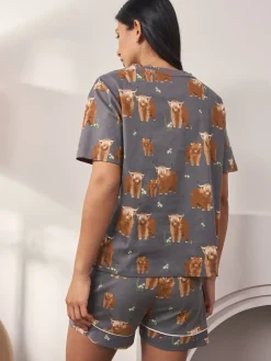 Next 100% Cotton Short Set Pyjamas Charcoal Grey Hamish The Highland Cow Outlet