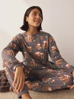 Next Charcoal Grey Hamish The Highland Cow Long Sleeve Pyjamas Hot