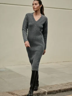 Next Super Soft V-Neck Midi Dress With Wool Charcoal Grey
