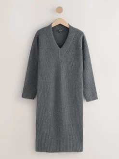 Next Super Soft V-Neck Midi Dress With Wool Charcoal Grey