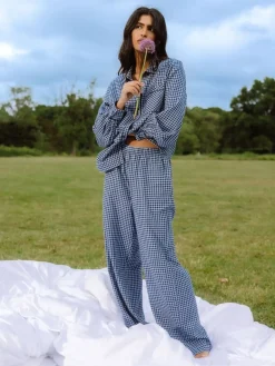 Chelsea Peers Blue Cotton Gingham Check Long Pyjamas & Scrunchie Set Sale