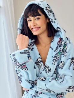 Chelsea Peers Blue Fleece Dalmatian Dogs Print Dressing Gown New