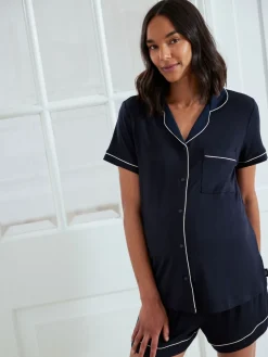 Chelsea Peers Maternity TENCEL™ Modal Short Button Up Pyjamas Set Blue