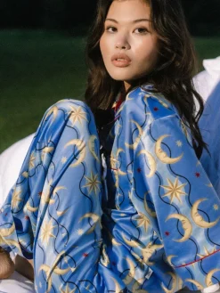 Chelsea Peers Blue Satin Tiled Moon Print Long Pyjamas Set Sale