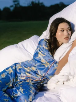 Chelsea Peers Blue Satin Tiled Moon Print Long Pyjamas Set Sale