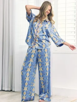 Chelsea Peers Blue Satin Tiled Moon Print Long Pyjamas Set Sale
