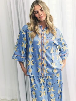 Chelsea Peers Blue Satin Tiled Moon Print Long Pyjamas Set Sale