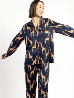 Chelsea Peers Blue Satin Giraffe Print Long Pyjama Set