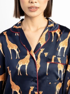 Chelsea Peers Blue Satin Giraffe Print Long Pyjama Set