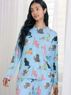 Chelsea Peers Blue Sleepy Cats Print Long Pyjama Set Hot
