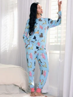 Chelsea Peers Blue Sleepy Cats Print Long Pyjama Set Hot