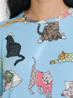 Chelsea Peers Blue Sleepy Cats Print Long Pyjama Set Hot