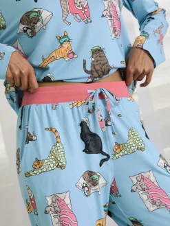 Chelsea Peers Blue Sleepy Cats Print Long Pyjama Set Hot