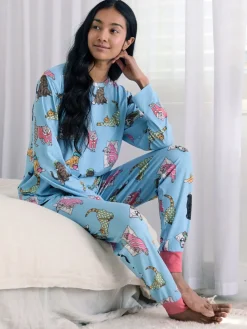Chelsea Peers Blue Sleepy Cats Print Long Pyjama Set Hot