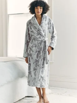 Chelsea Peers Cream Fleece Burnout Ribbon Bow Long Dressing Gown Sale