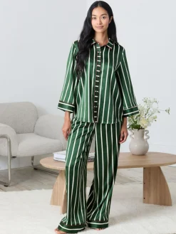Chelsea Peers Green Satin Stripe Long Pyjamas Set Outlet