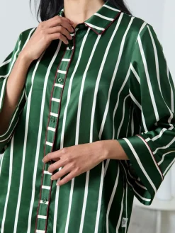 Chelsea Peers Green Satin Stripe Long Pyjamas Set Outlet