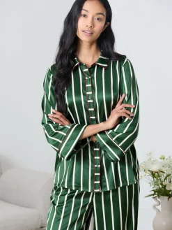 Chelsea Peers Green Satin Stripe Long Pyjamas Set Outlet