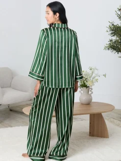 Chelsea Peers Green Satin Stripe Long Pyjamas Set Outlet