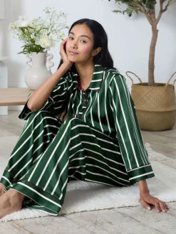 Chelsea Peers Green Satin Stripe Long Pyjamas Set Outlet