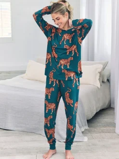 Chelsea Peers Green Trouser Tiger Print Long Pyjamas Set New