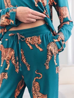 Chelsea Peers Green Trouser Tiger Print Long Pyjamas Set New